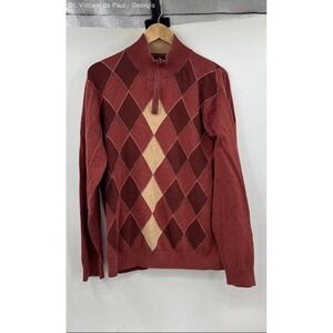 Tasso Bella Red Argyle Pullover 1/4 Zip Sweater Men's L 100% Cotton